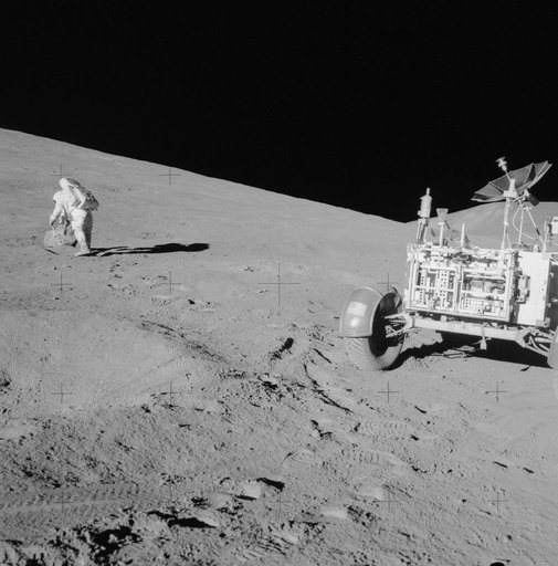 Astronaut David Scott on slope of Hadley Delta during Apollo 15 EVA