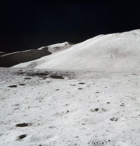 View of Hadley Delta from top hatch of Apollo 15 Lunar Module after landing