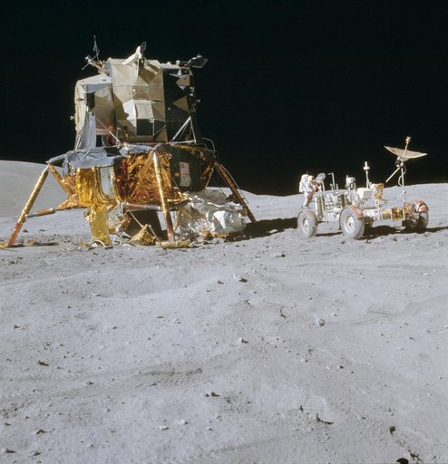View of the Lunar Module "Orion" and Lunar Roving Vehicle during first EVA