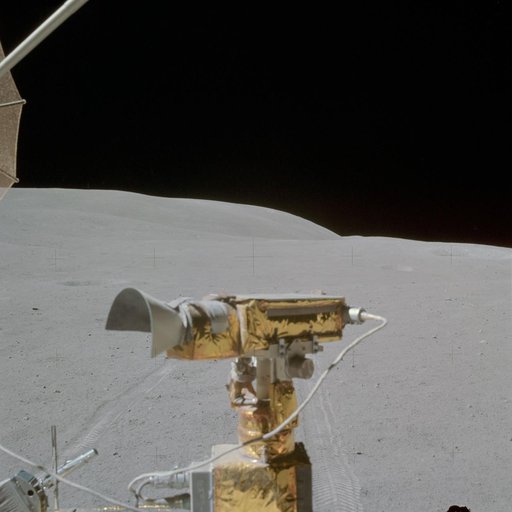 Close-up view of RCA color television camera mounted on the LRV