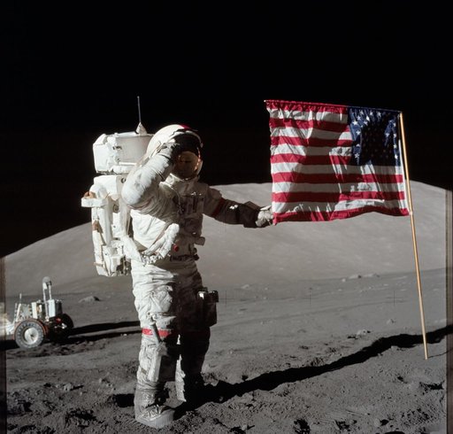 Apollo 17 Mission image - station Lunar Module (LM),Flag,CDR,LRV
