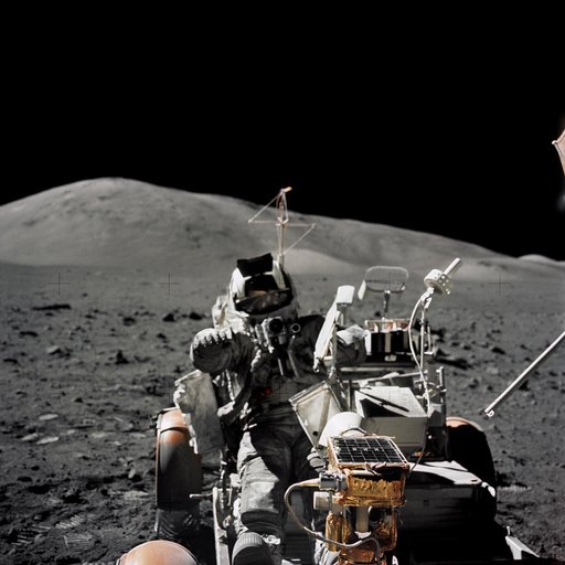 Astronaut Harrison Schmitt seated in Lunar Roving Vehicle during EVA-3