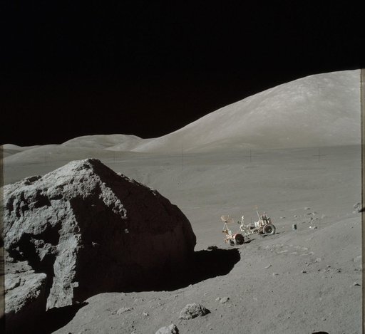 View of Lunar Roving Vehicle parked at Station 6 by Apollo 16 astronauts