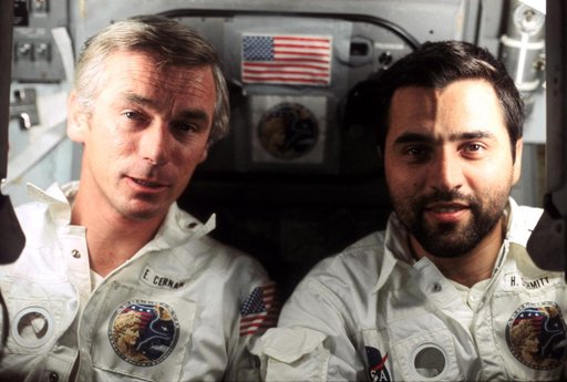 Candid photo of Astronauts Cernan and Schmitt aboard Apollo 17 spacecraft