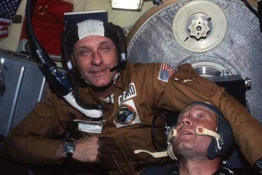 Astronaut Stafford and Cosmonaut Leonov together in Soyuz Orbital Module