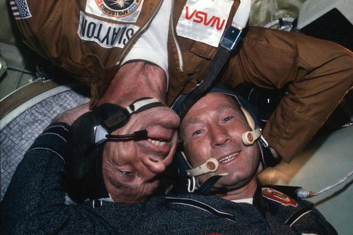 Astronaut Stafford and Cosmonaut Leonov together in Soyuz Orbital Module