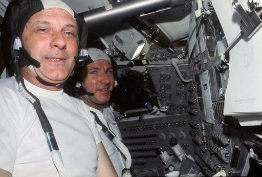 Astronauts Stafford and Brand at controls of Apollo Command Module
