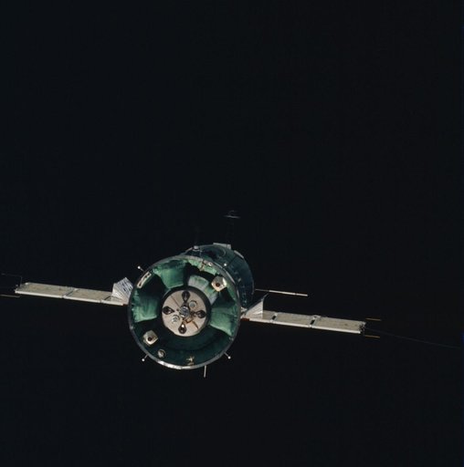 Soviet Soyuz spacecraft in orbit as seen from American Apollo spacecraft