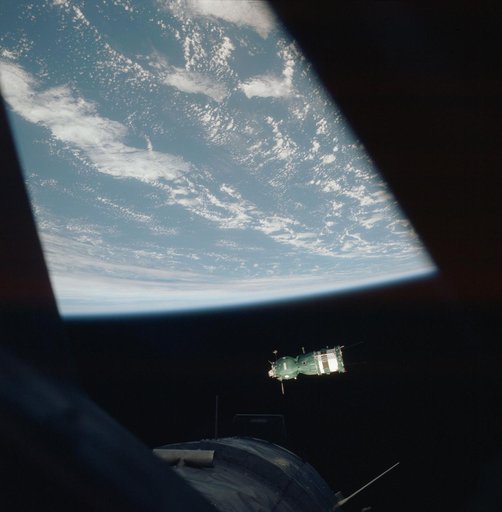 Soviet Soyuz spacecraft contrasted against a black-sky background