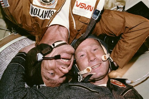 Astronaut Stafford and Cosmonaut Leonov together in Soyuz Orbital Module