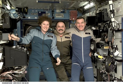 Expedition Two crewmembers pose in Destiny Laboratory module