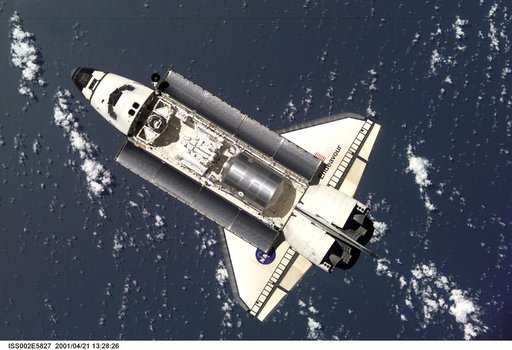 Approach view of STS-100 Endeavour prior to docking