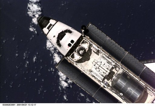 View of STS-100 orbiter Endeavour approaching for docking