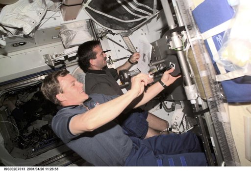STS-100 MS Parazynski and Hadfield with IRED equipment in Node 1/Unity module
