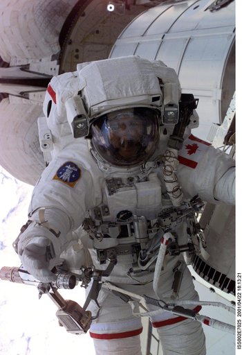 View of STS-100 MS Hadfield during EVA 1