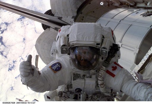 View of STS-100 MS Hadfield during EVA 1