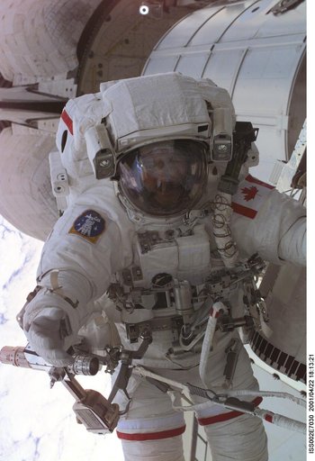 View of STS-100 MS Hadfield during EVA 1
