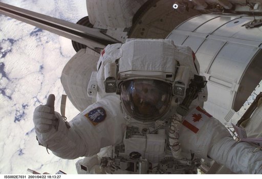 View of STS-100 MS Hadfield during EVA 1