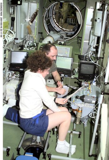 Helms and Usachev with checklist in Service Module