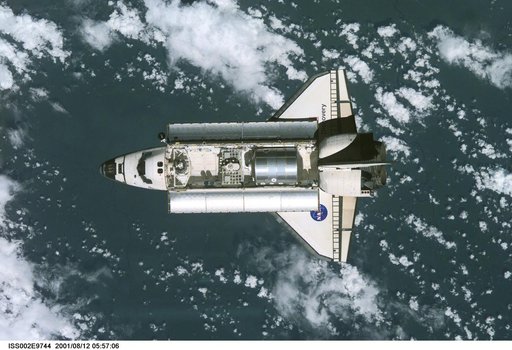 STS-105 orbiter Discovery on approach for docking with ISS