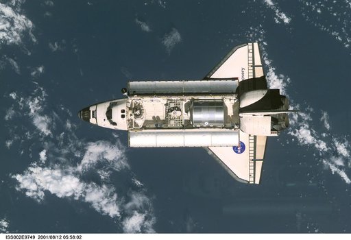 STS-105 orbiter Discovery on approach for docking with ISS