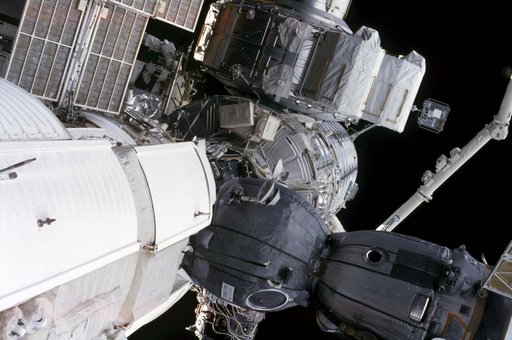 View of the nadir side of the ISS taken during the first EVA of Expedition Three