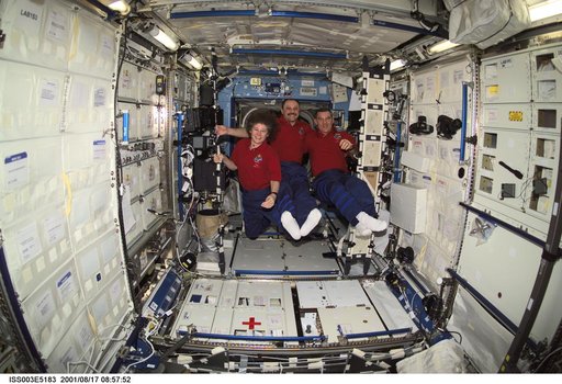 The Expedition Two crew pose in the U.S. Laboratory