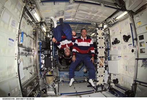 STS-105 MS Barry and Commander Horowitz pose in the U.S. Laboratory