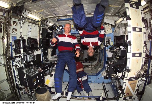 STS-105 MS Barry and MS Forrester pose in the U.S. Laboratory
