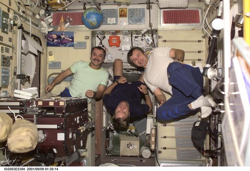 The Expedition Three crew pose in the Service Module
