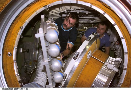 Dezhurov and Tyurin remove the docking probe in Zvezda during Expedition Three