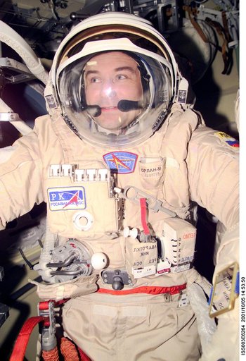 Dezhurov tests his Orlan suit in Pirs during Expedition Three