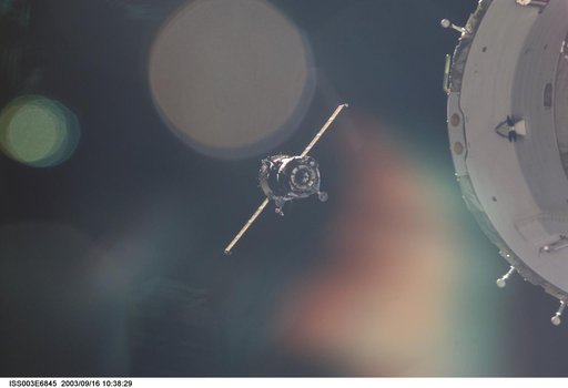 View of the approach of the Soyuz carrying the Taxi crew taken during Expedition Three