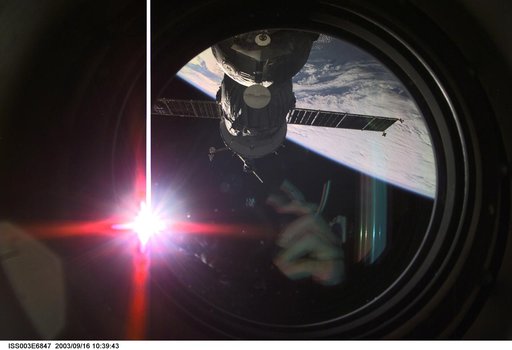View of the approach of the Soyuz carrying the Taxi crew taken during Expedition Three