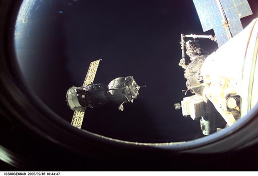 View of the approach of the Soyuz carrying the Taxi crew taken during Expedition Three