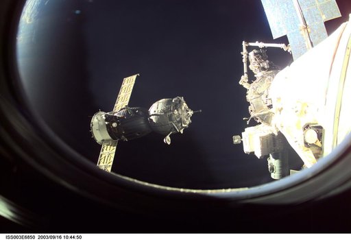 View of the approach of the Soyuz carrying the Taxi crew taken during Expedition Three
