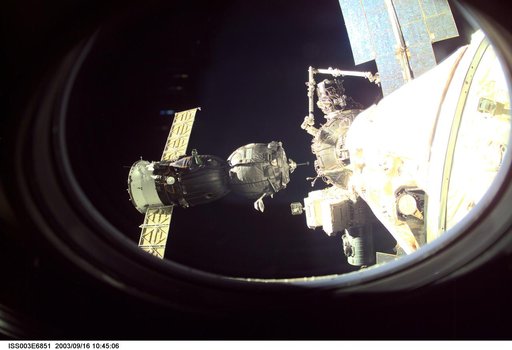 View of the approach of the Soyuz carrying the Taxi crew taken during Expedition Three