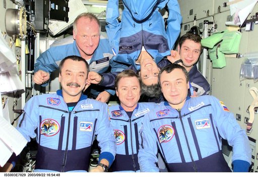Taxi and Expedition Three crews prepare for a group photo in Zvezda during Expedition Three