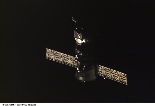 View of a Progress spacecraft after undocking from the ISS during Expedition Three