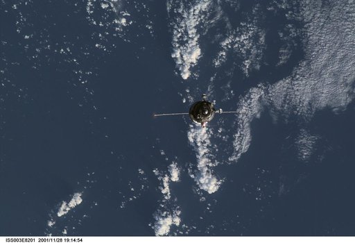 View of a Progress spacecraft before docking with the ISS during Expedition Three
