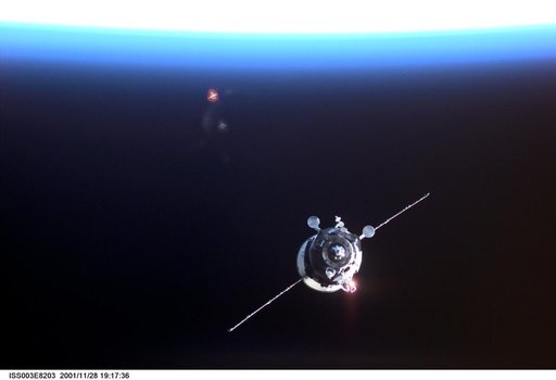 View of a Progress spacecraft before docking with the ISS during Expedition Three