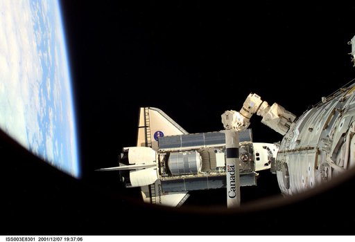 View of the docking approach of Endeavour taken during Expedition Three
