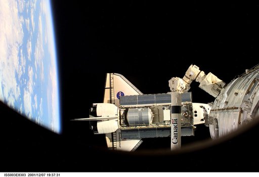 View of the docking approach of Endeavour taken during Expedition Three