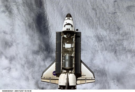 View of the docking approach of Endeavour taken during Expedition Three