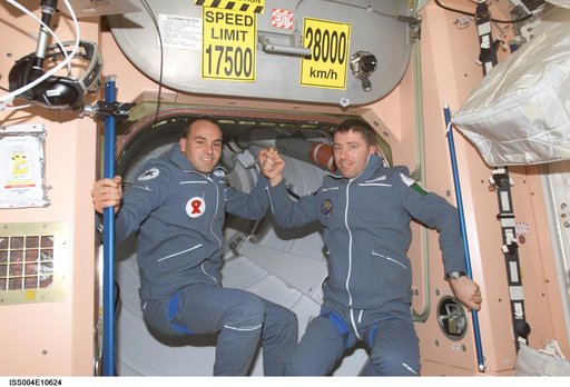 Soyuz 4 SFP Shuttleworth and FE-1 Vittori in Node 1 during Expedition Four