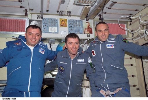 Soyuz 4 Crew group photo in SM taken during Expedition Four