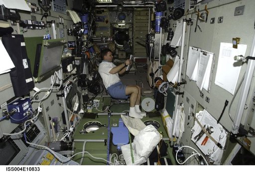 Soyuz 4 CDR Gidzenko reads a checklist in Zvezda SM during Expedition Four