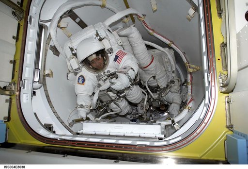 Bursch and Walz in Quest Airlock for EVA 3, Expedition Four