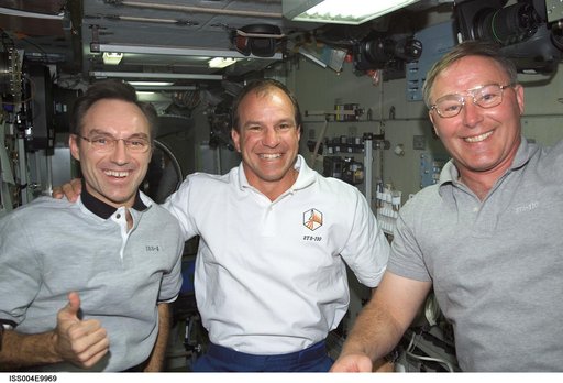 STS-110 and Expedition Four crewmembers in the Zvezda SM on first day of joint OPS