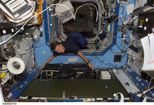 Whitson moves equipment in the U.S. Laboratory during Expedition Five on the ISS